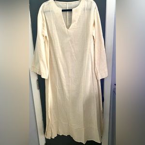 Long caftan linen dress size Large. 49” long, slit neck, Small bell sleeve. New